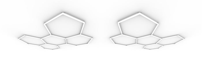 HEXA Duo and 5-Grid hexagon LED product systems side by side showing scale and cluster options
