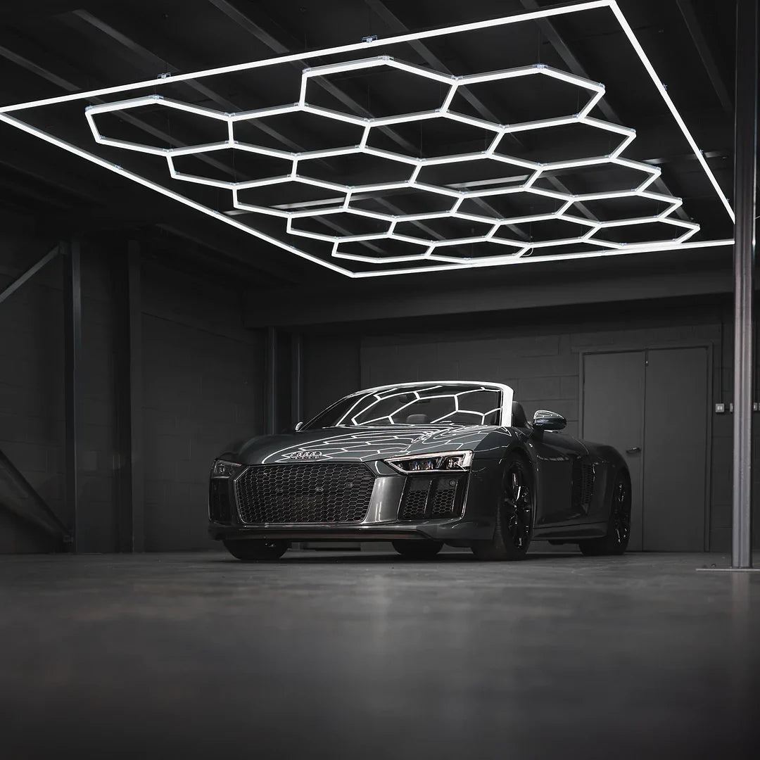 HEXA hexagon LED lighting configurations showing various modular layout options for Australian garages and workshops