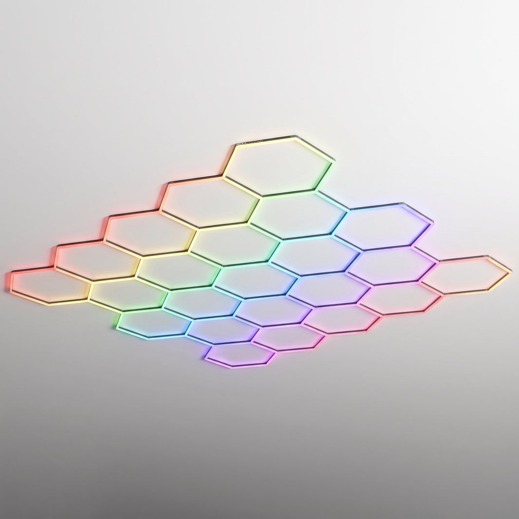 Double Garage RGB hexagon LED lighting system cycling through rainbow colours