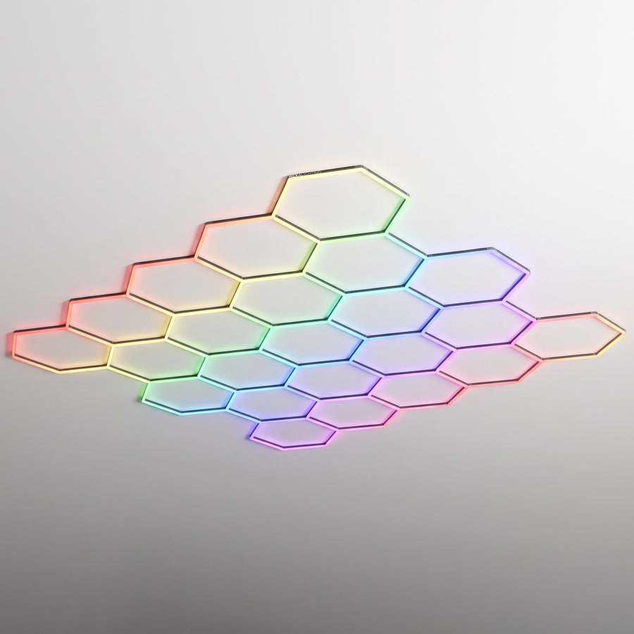 Double Garage RGB hexagon LED lighting system cycling through rainbow colours