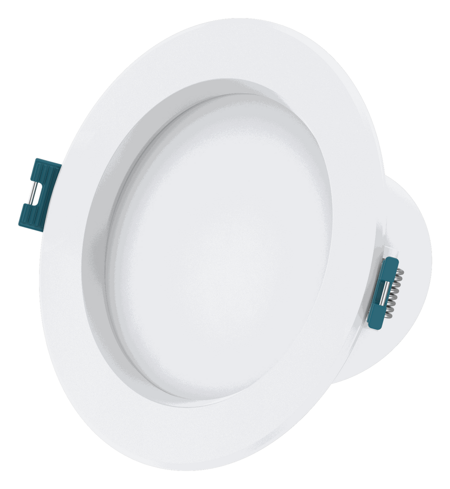 HEXA Athena 8W LED downlight, angled view showing the trim and spring clips